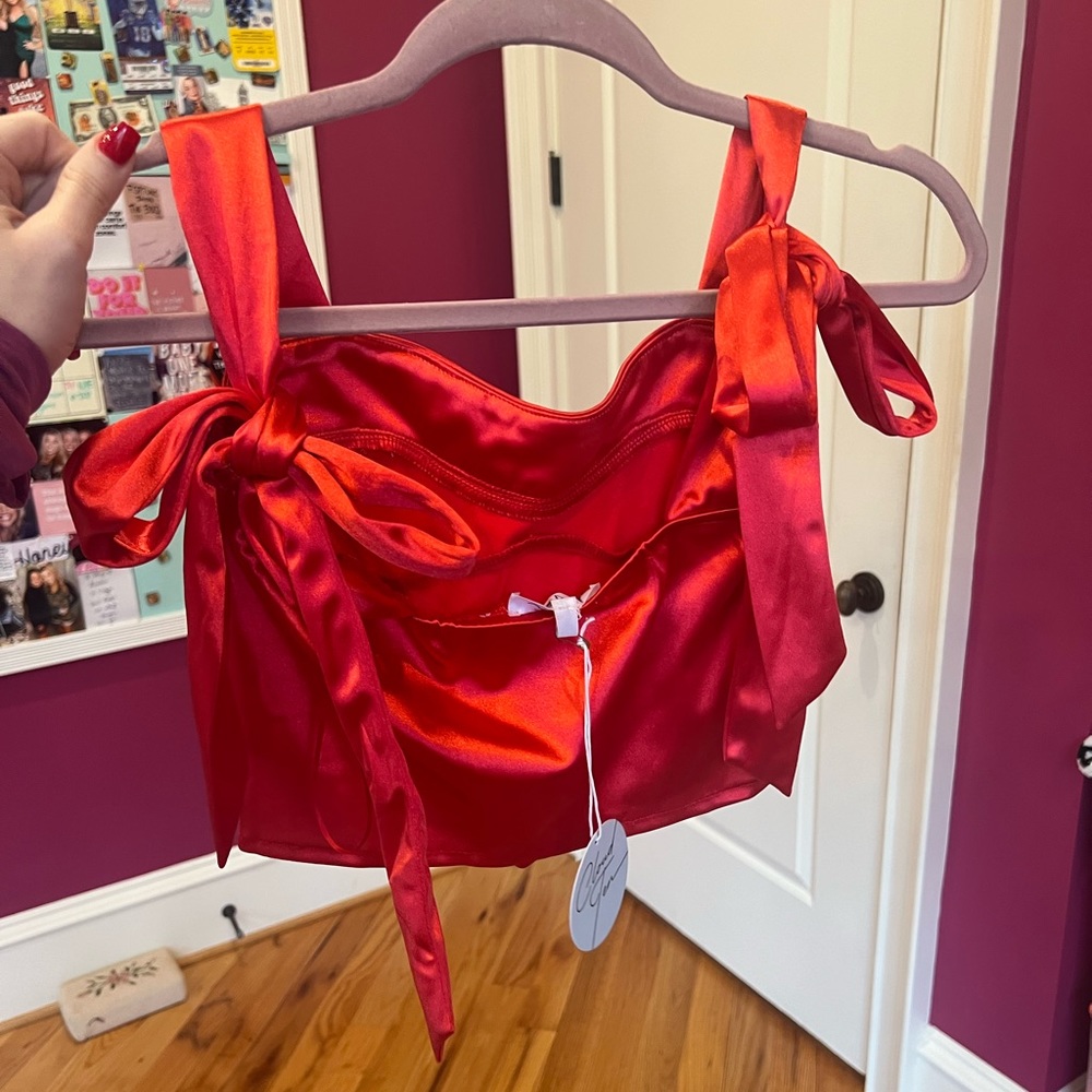 Red Satin Shoulder Tie Corset Top - Picture 2 of 6